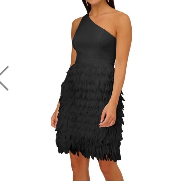 NWT Adrianna Papell Black Chiffon Feather Cocktail Dress One Shoulder Sz 6 - Picture 2 of 14
